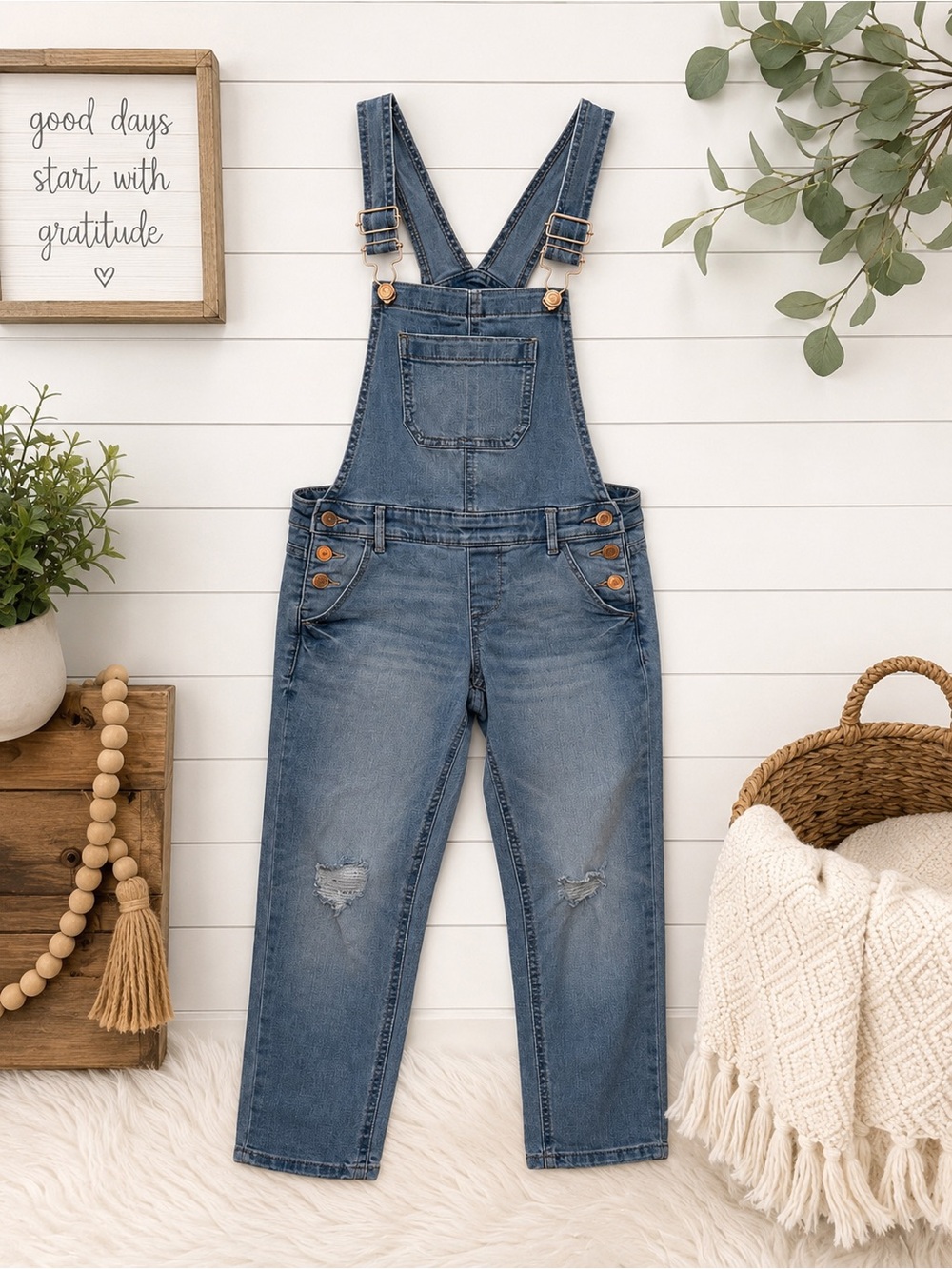 Girls SO Denim Overalls Size 8 Medium Wash Distressed Knees Adjustable Strap